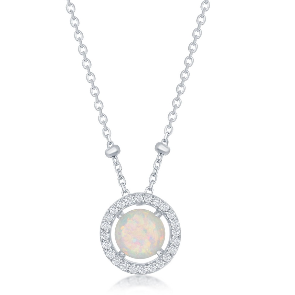 Sterling Silver Round White Opal with CZ Halo Beads by The Yard Necklace