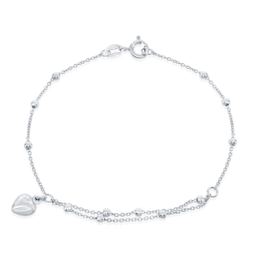 Sterling Silver Beads with Heart Charm Bracelet -7.5"