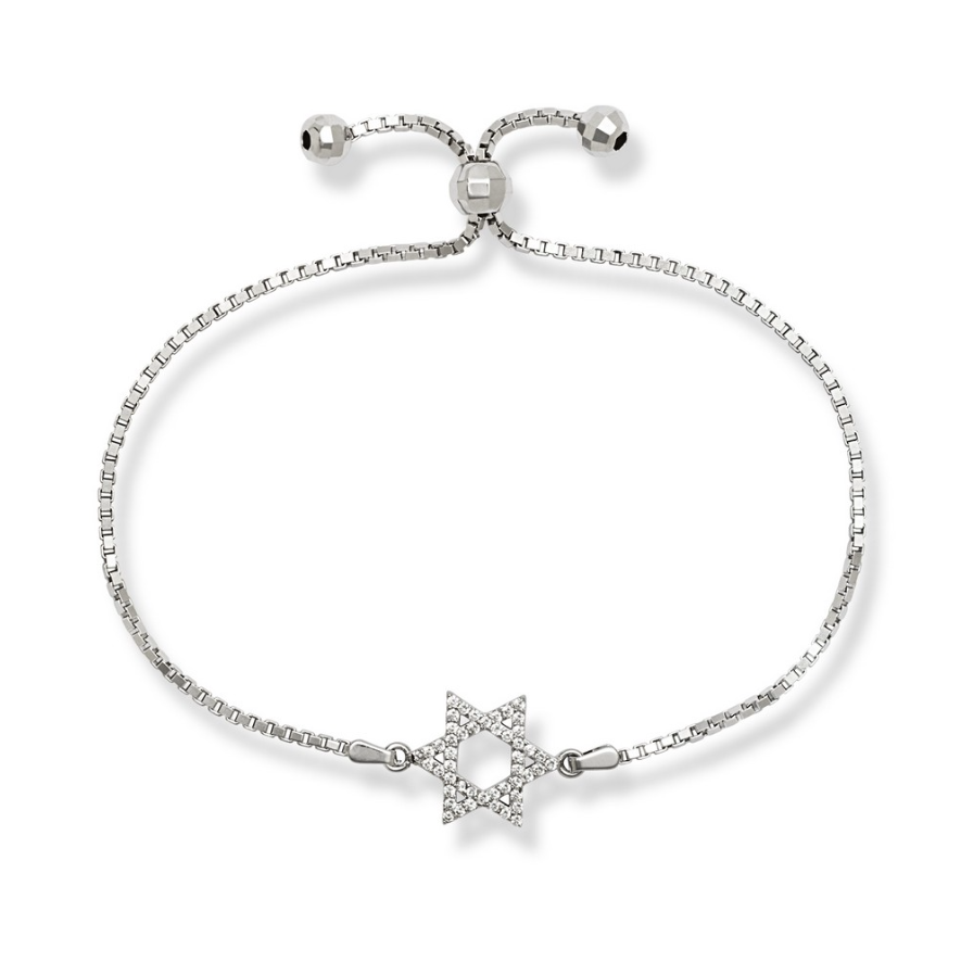 Sterling Silver Box Chain w/Center Open CZ Star of David with Beads Adjustable Bolo Bracelet
