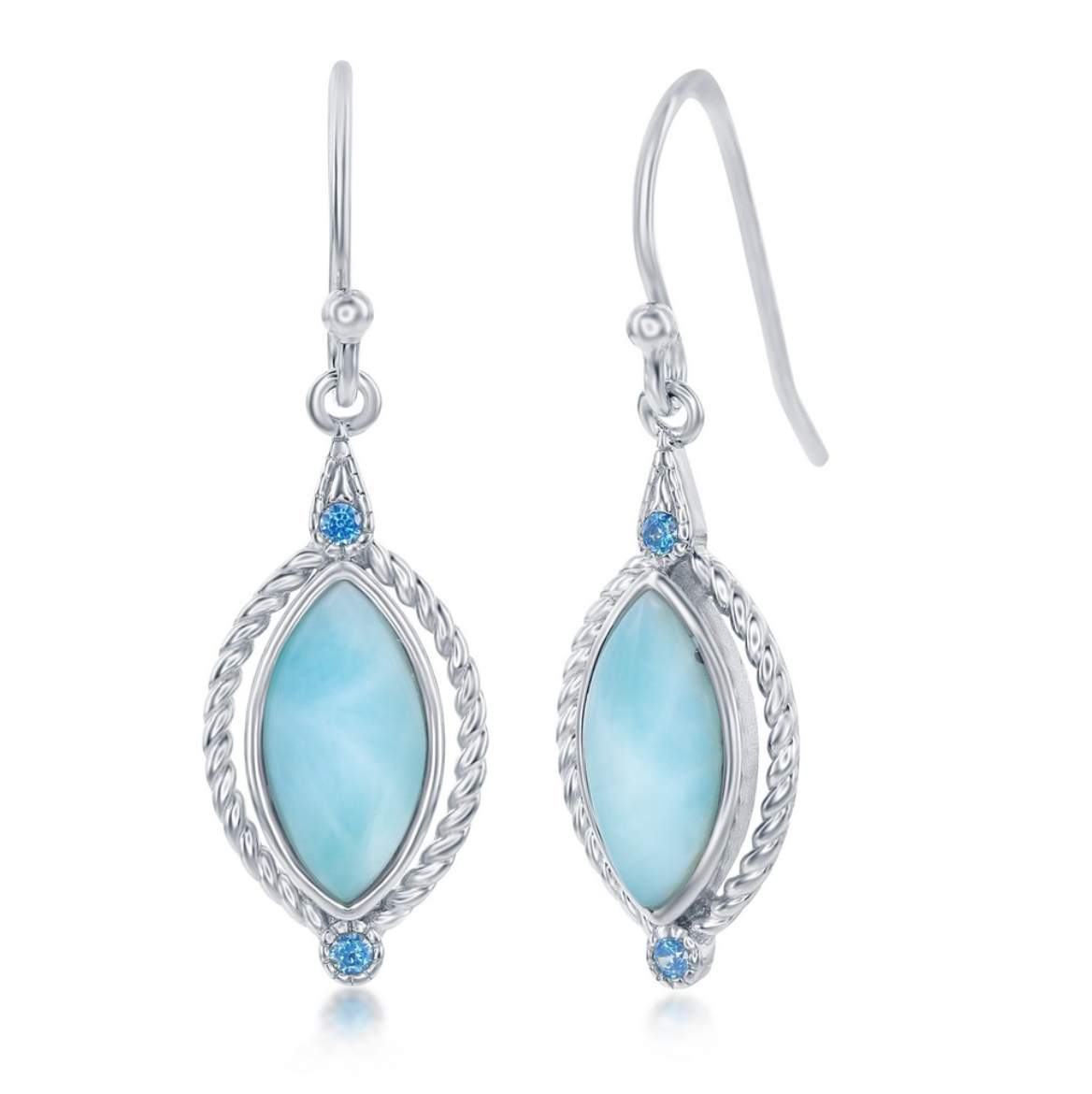 Sterling Silver Marquise Larimar with Round Blue CZ Rope Design Earrings