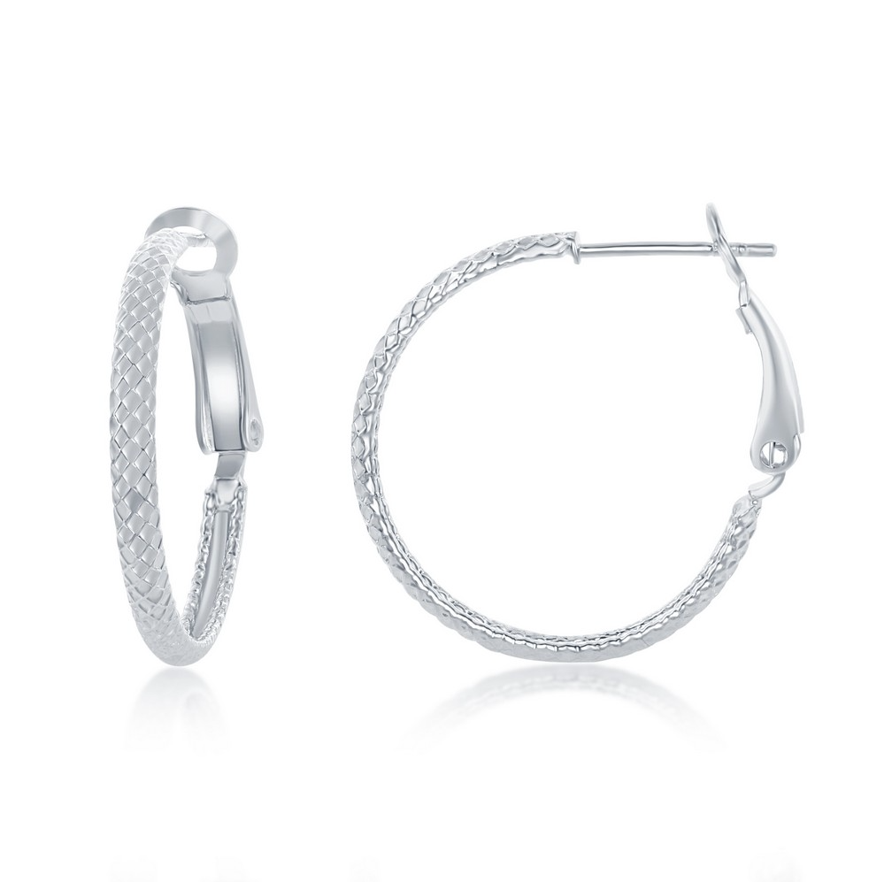 Sterling Silver Rounded Checkered 25mm Hoop Earrings
