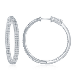Sterling Silver 3x35mm Inside-Outside Double Row CZ Hoop Earrings