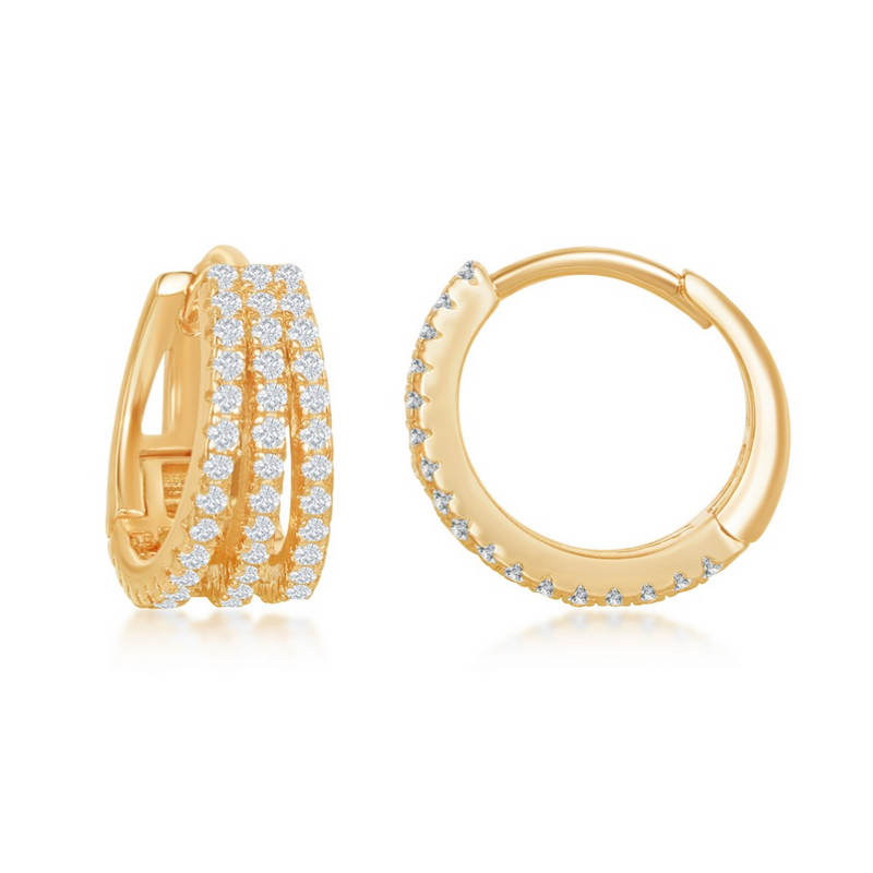 Sterling Silver Triple Row CZ Small Hoop Earrings