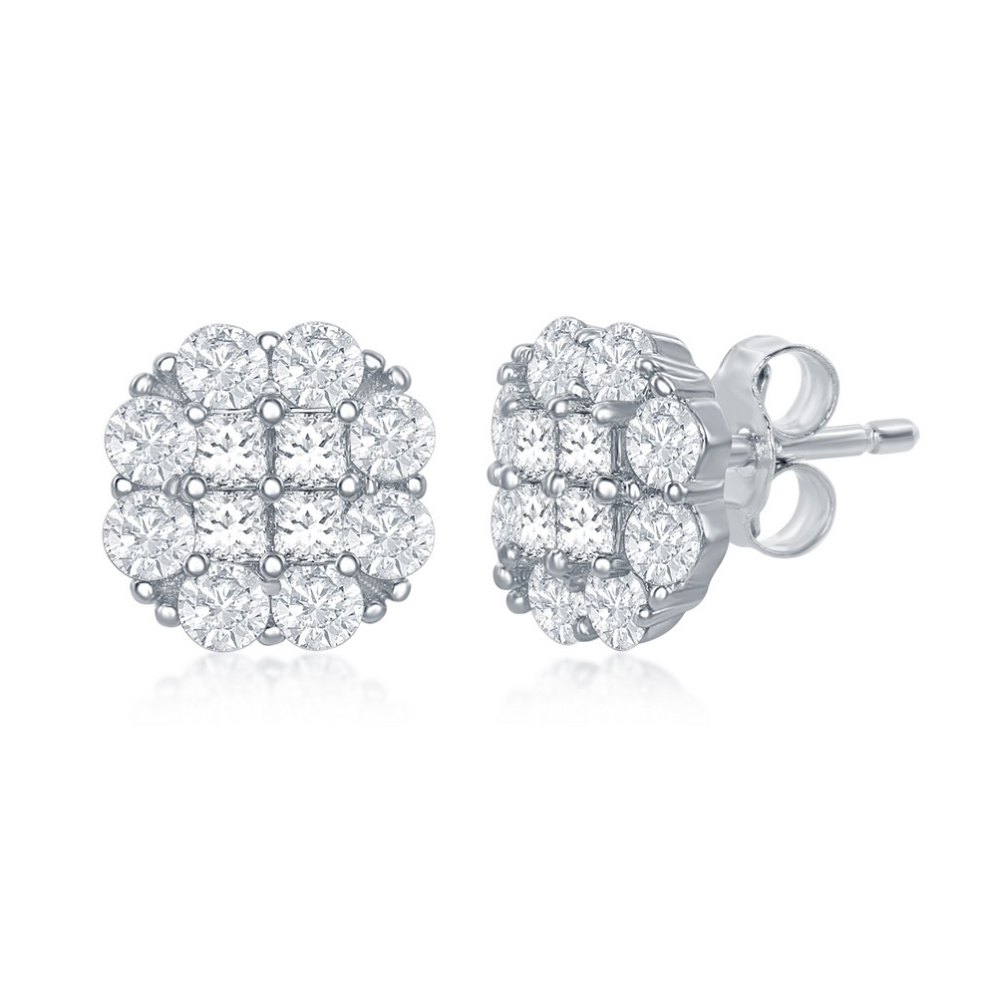 Sterling Silver Flower Design CZ Stud Earrings