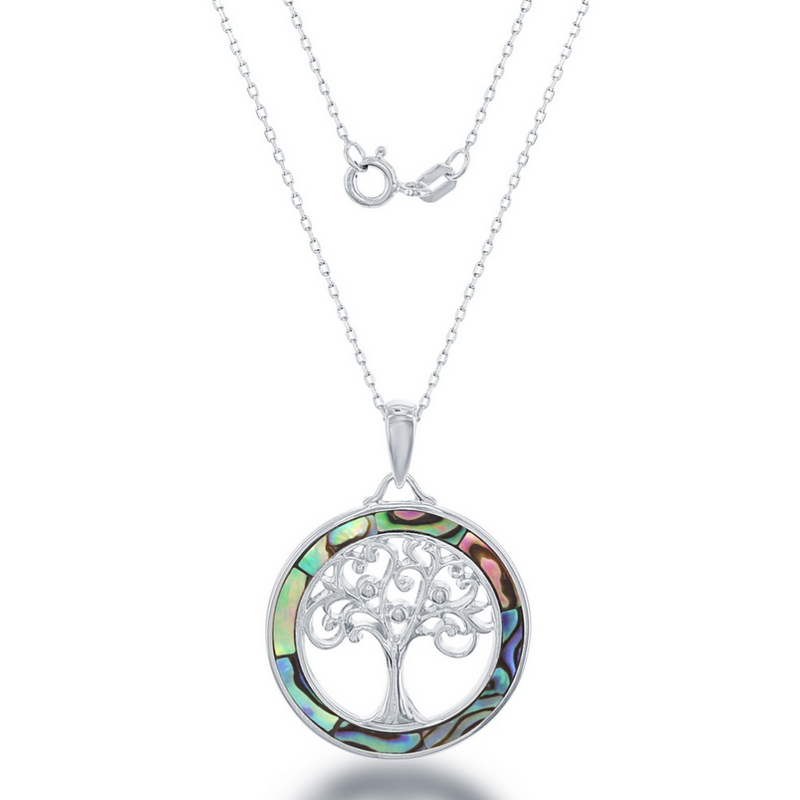 Sterling Silver Round Abalone with Center Tree of Life Pendant