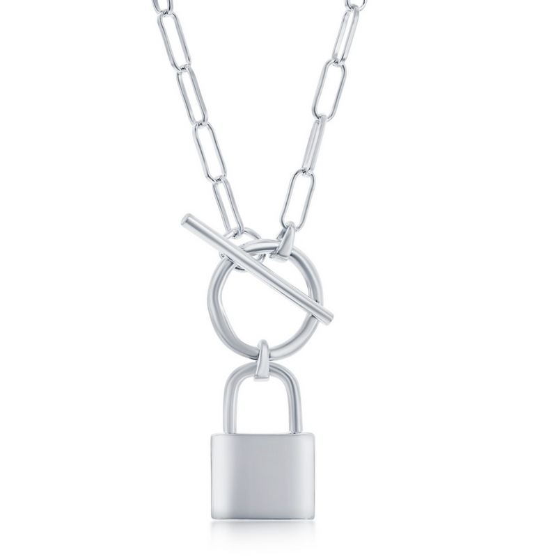 Sterling Silver Lock Charm Paperclip Necklace