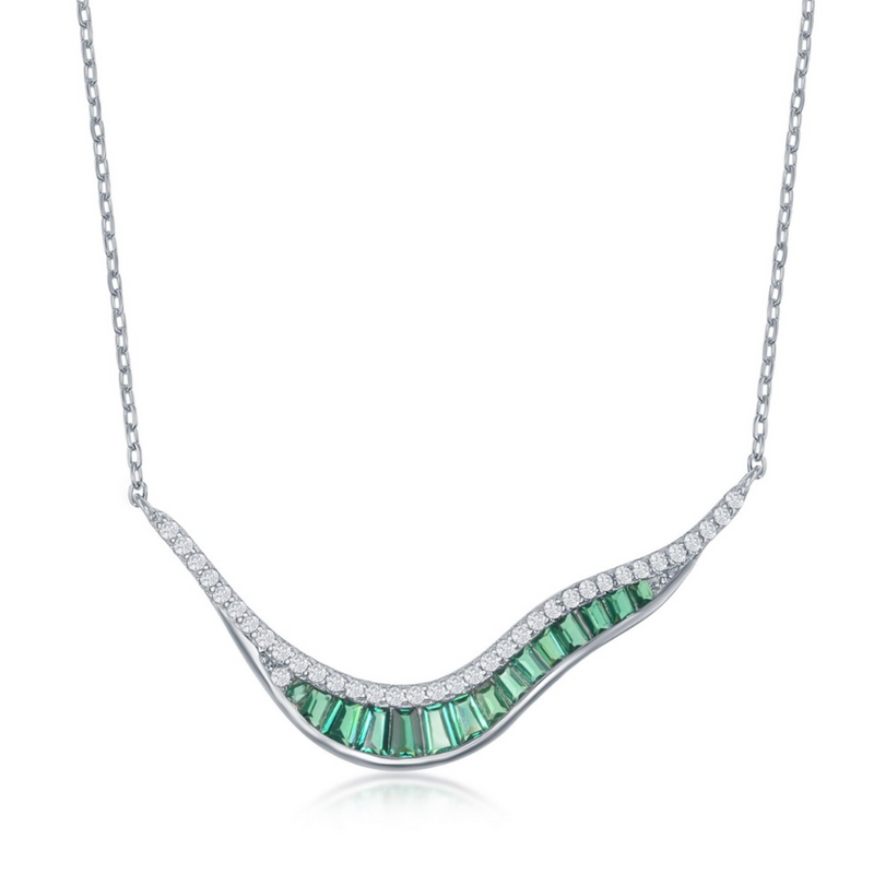 Sterling Silver 'V' Shape Baguette Necklace - Green CZ