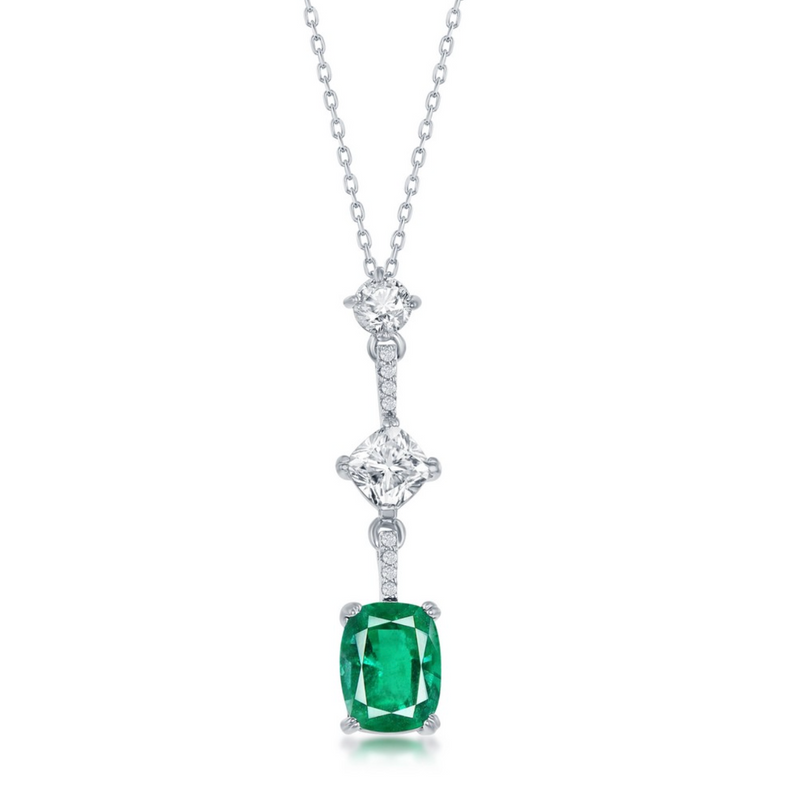 Sterling Silver White & Cushion-Cut CZ Necklace - Emerald