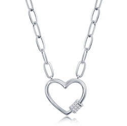 Sterling Silver Micro Pave CZ Heart Carabiner Paperclip Necklace