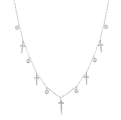 Sterling Silver Alternating Cross & Bezel-Set CZ Necklace