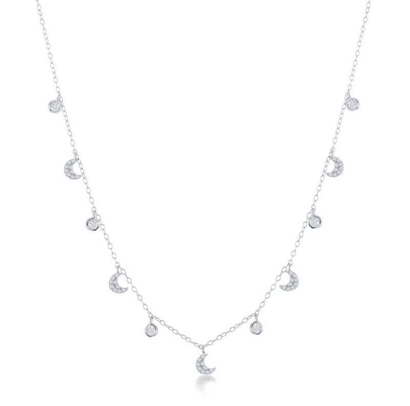 Sterling Silver Station Round & Crescent Moon CZ Necklace