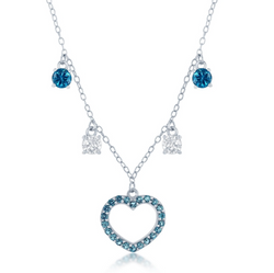 Sterling Silver Station White & Blue CZ Heart Necklace