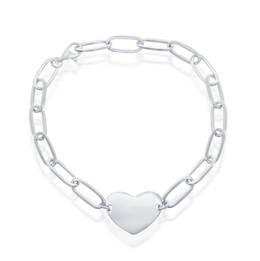 Sterling Silver Polished Heart Paperclip Bracelet - 7"