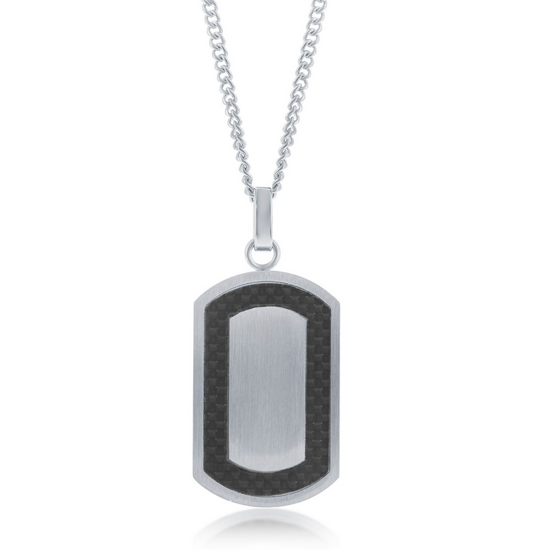 Stainless Steel Matte Carbon Fiber Border Dog Tag W/Chain - 22"