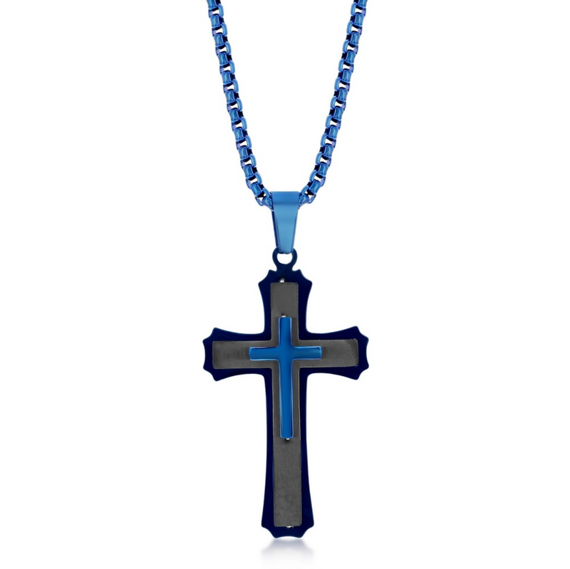 Stainless Steel Black & Blue 3D Cross Necklace - 24"