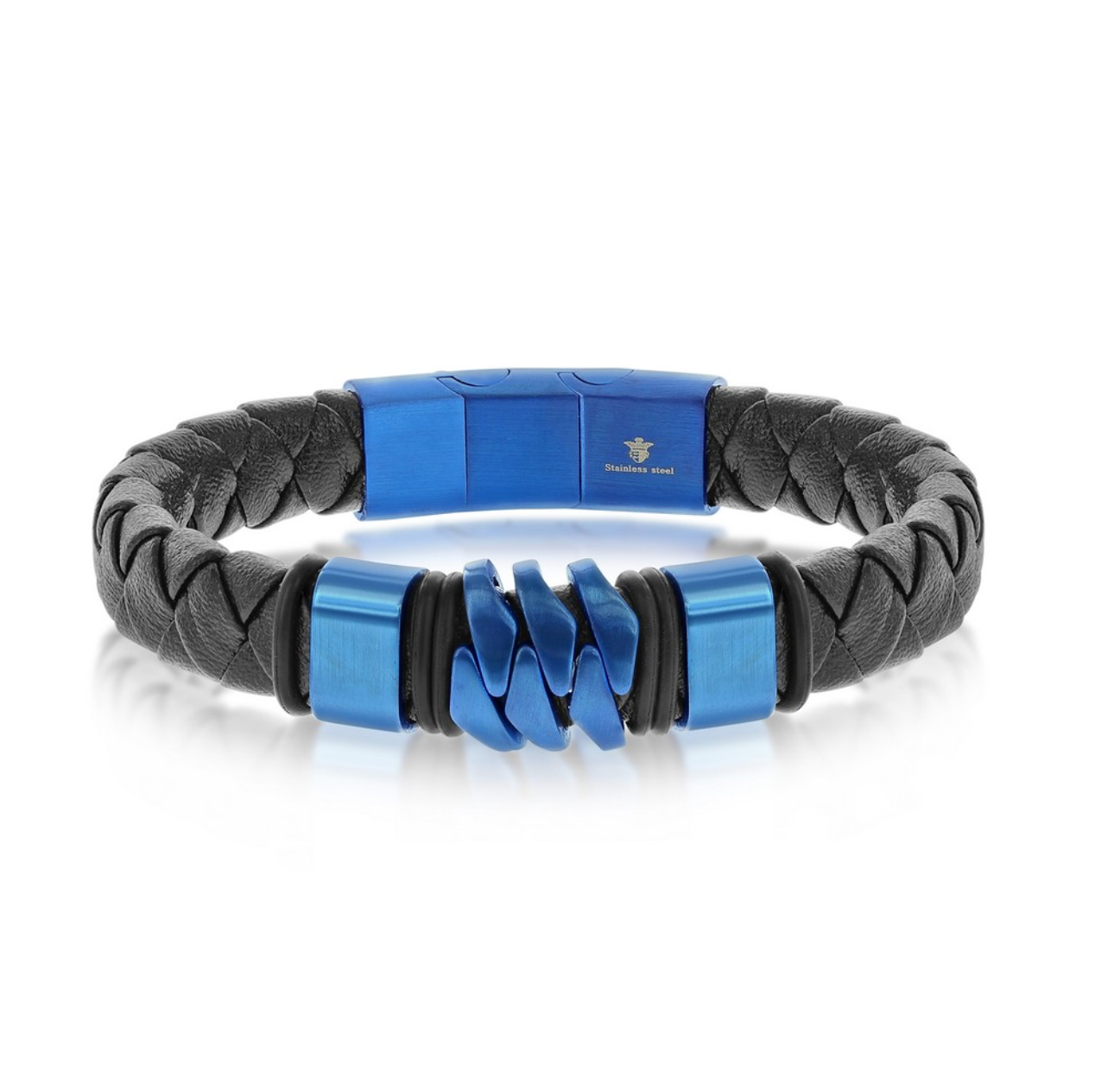 Blue Stainless Steel Genuine Black Leather Bracelet - 8.5"