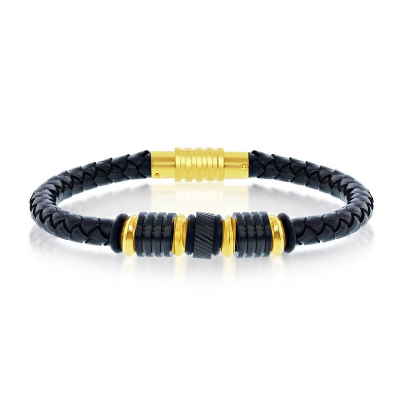 Black & Gold Stainless Steel with Genuine Black Leather Bracelet - 8.5"
