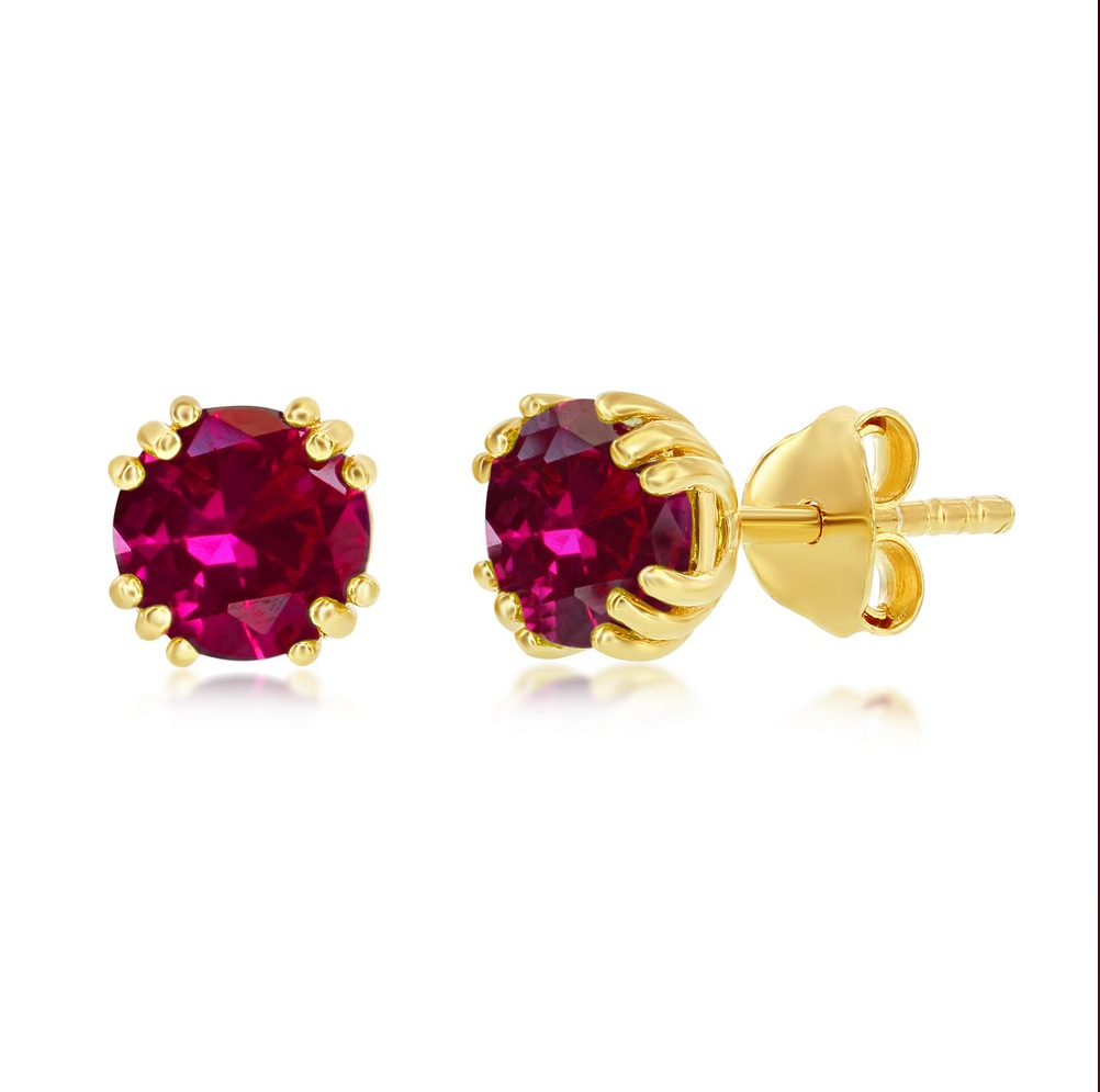 Sterling Silver 'July Birthstone' 6mm Round Gem, Gold Plated Stud Earrings - Created Ruby
