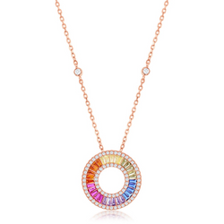 Sterling Silver Rainbow Baguette CZ Open Circle Necklace - Rose Gold Plated