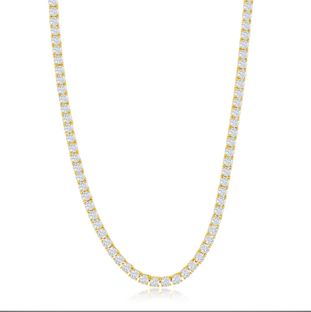 Sterling Silver 4mm Round Cubic Zirconia Tennis Necklace - Gold Plated