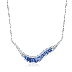 Sterling Silver 'V' Shape Baguette Necklace - Sapphire CZ