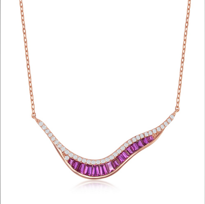 Sterling Silver 'V' Shape Baguette Necklace - Ruby CZ - Rose Gold Plated