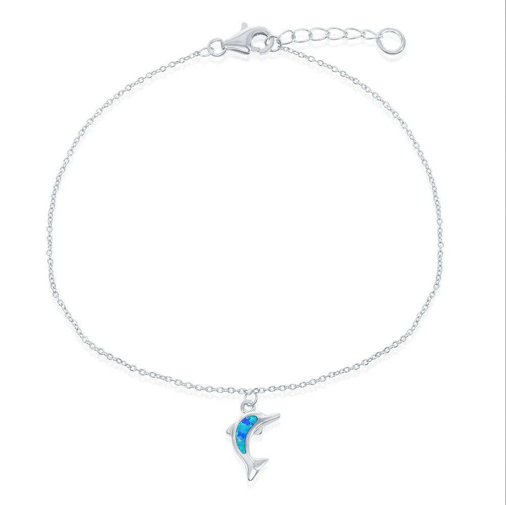 Sterling Silver Blue Inlay Opal Dolphin Anklet