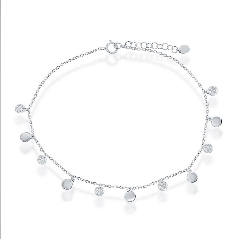 Sterling Silver Alternating Cubic Zirconia & Shiny Disc Anklet