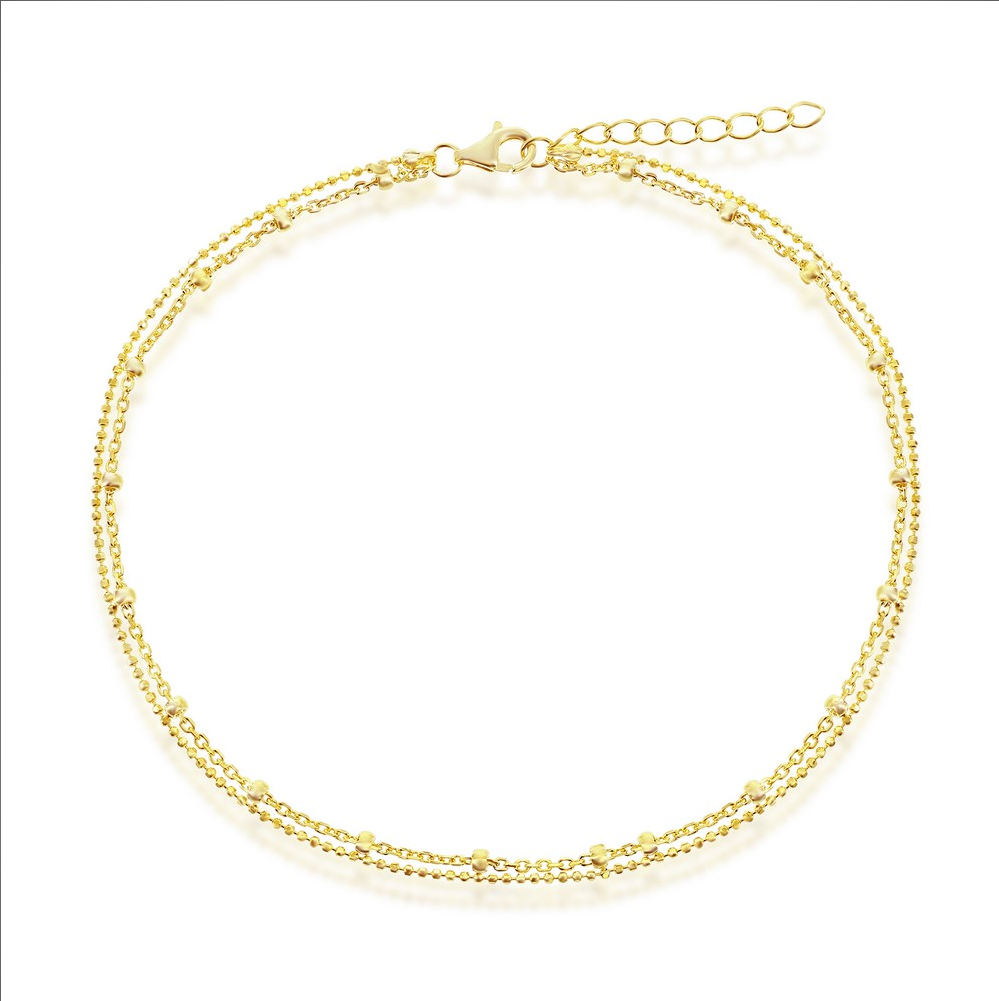 Sterling Silver Double Strand Beaded Anklet - Gold Plated