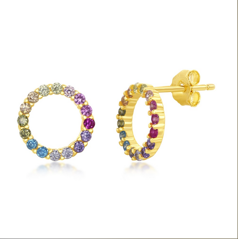 Sterling Silver Rainbow CZ Open Circle Stud Earrings - Gold Plated