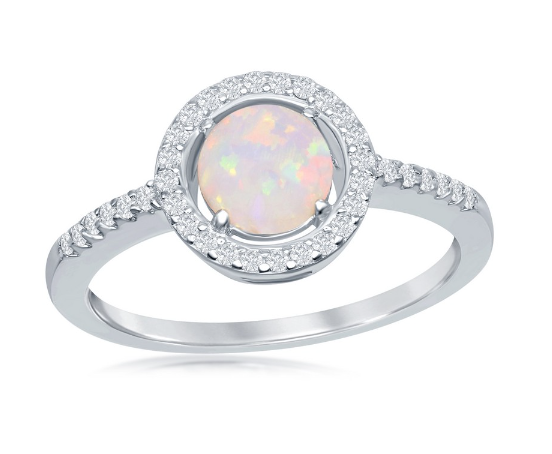 Sterling Silver Round White Opal with CZ Halo Ring