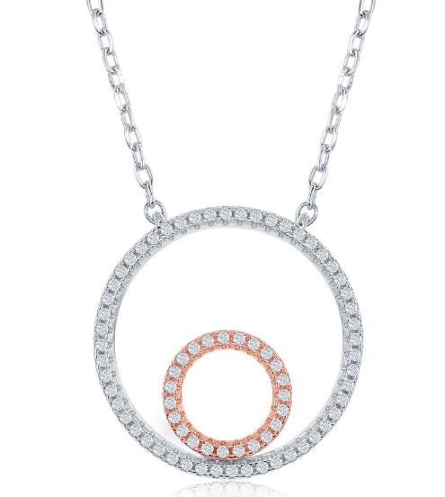 Sterling Silver Two-Tone Double Open Circle with CZ Border Necklace