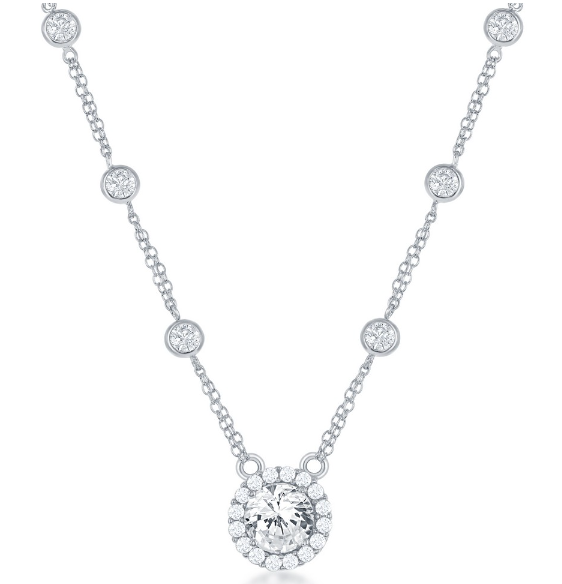 Sterling Silver CZ By The Yard w/Large Round CZ Necklace