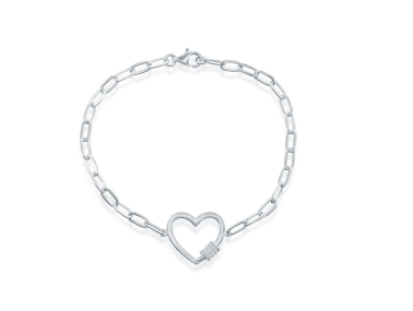 Sterling Silver Heart w/CZ Rod Paperclip Bracelet