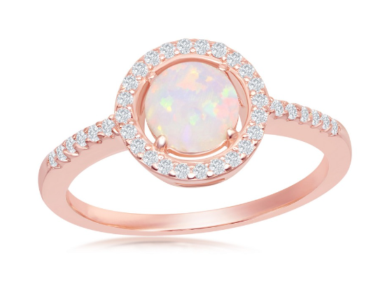 Sterling Silver Round White Opal with CZ Halo Ring - Rose Gold Plated