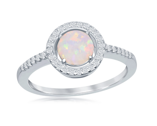 Sterling Silver Round White Opal with CZ Halo Ring