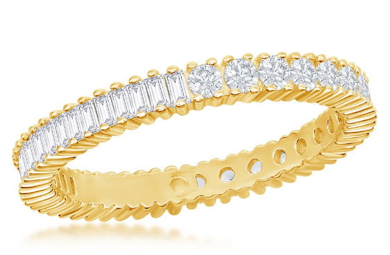 Sterling Silver Half Round and Half Baguette CZ Eternity Band Ring - Gold Plated