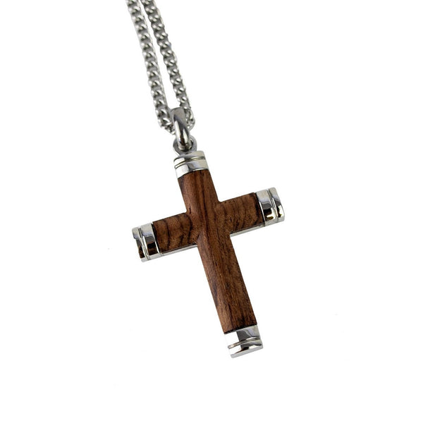 Stainless Steel inlay Bubinga Wood Cross Pendant w/ Chain – The