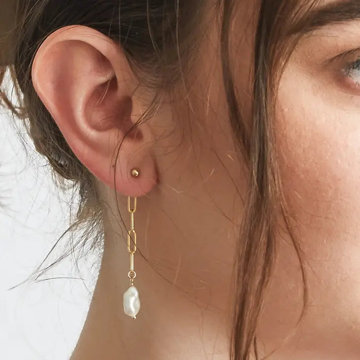 Pearl Chain Jacket Earrings - Gold