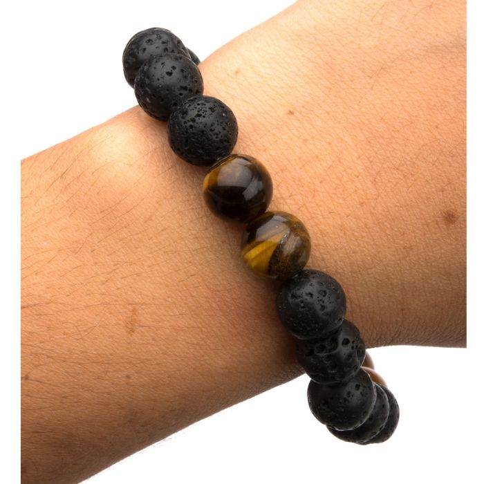 INOX | Black Lava & Brown Tiger Eye Beads Bracelet
