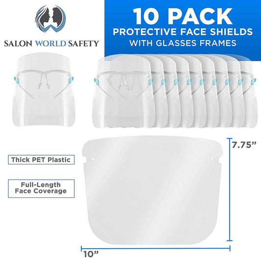 Face Shields with Glasses Frames (Pack of 10) - Ultra Clear Protective Full Face Shields