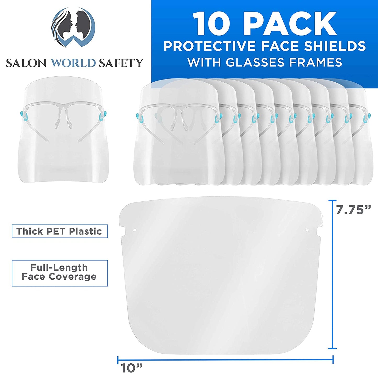 Face Shields with Glasses Frames (Pack of 10) - Ultra Clear Protective Full Face Shields