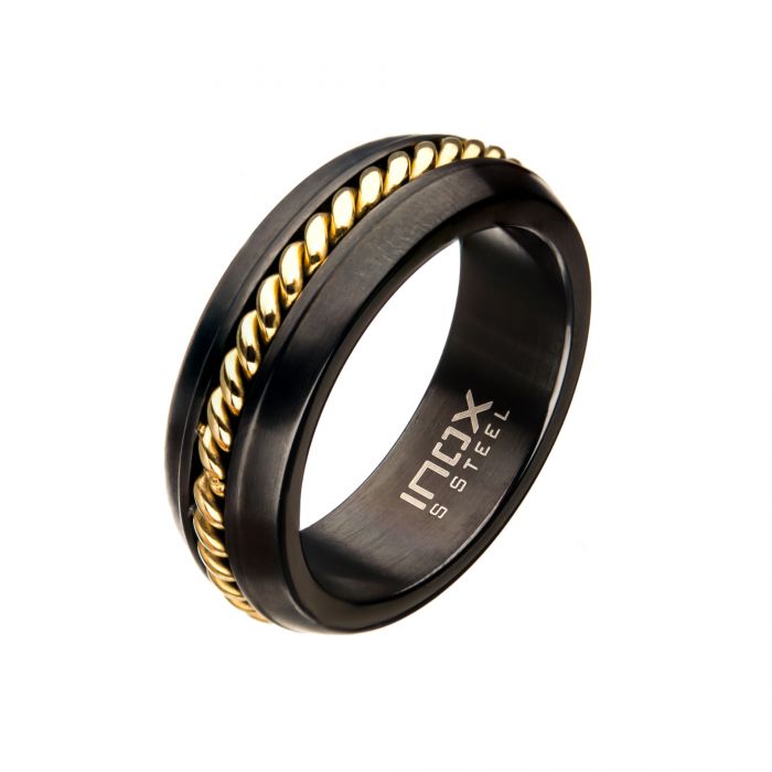 INOX | Black Ring with Gold Plated Chain Inlay