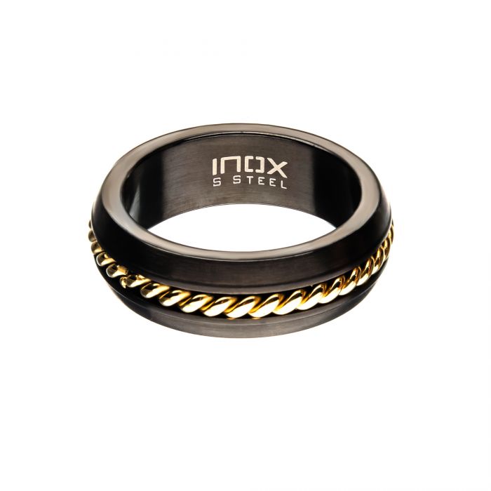 INOX | Black Ring with Gold Plated Chain Inlay