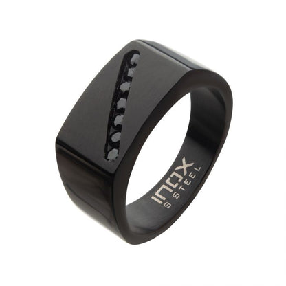 Black Steel Signet Ring with Black CZ Gems | FR1028