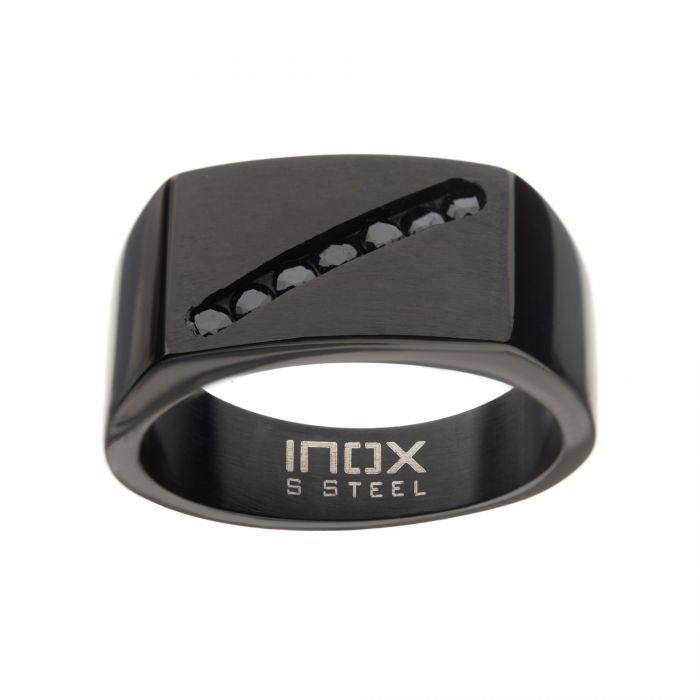 Black Steel Signet Ring with Black CZ Gems | FR1028