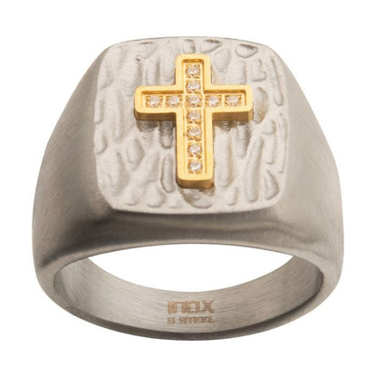 Steel Signet Ring with Gold Plated CZ Cross