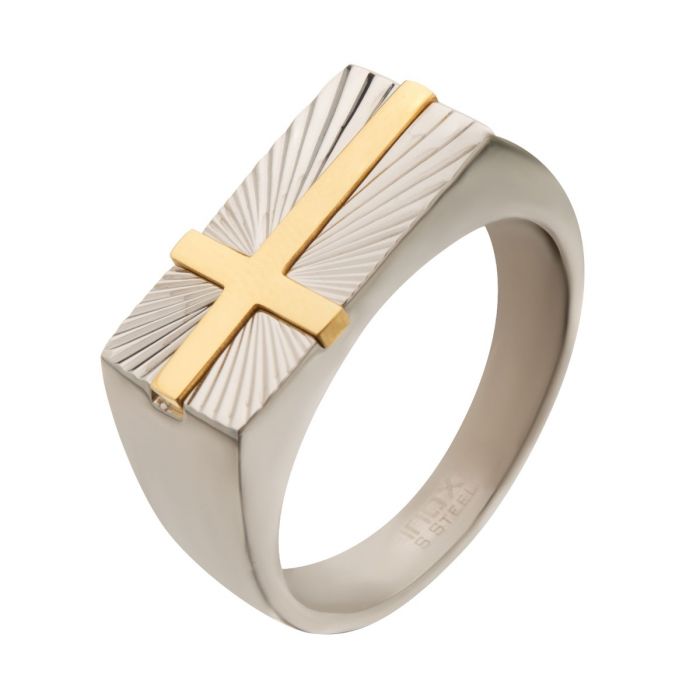 Stainless Steel Signet Ring with Gold Plated Cross