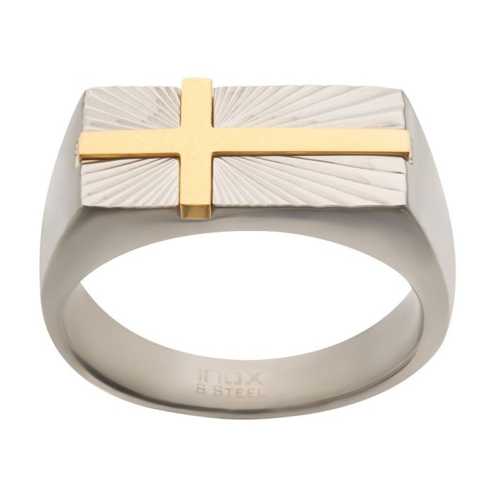 Stainless Steel Signet Ring with Gold Plated Cross