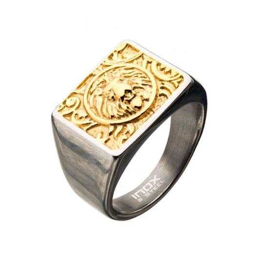 Steel Gold Plated Lion Signet Ring